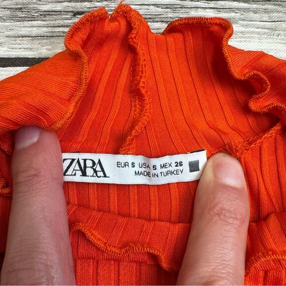 ZARA Women's Bright Orange Ribbed T Tee Shirt S SM Small Lettuce Edge Mock Neck - Picture 5 of 11